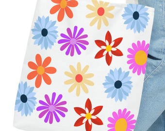 Cute Floral Tote Bag, Colorful Flower Pattern Tote, Reusable Shopping Bag, Eco-Friendly Tote, Gift for Her