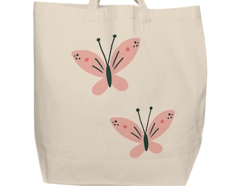 Cute Twin Butterfly Canvas Tote Bag - Large Reusable Shopping Bag, Eco-Friendly Grocery Bag, Unique Butterfly Lover Gift, Floral Tote,