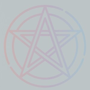 May include: A square sticker featuring a pentagram design within a circle. The design is outlined in a gradient of pink, purple, and blue hues, set against a light gray background. The sticker has a minimalist aesthetic.