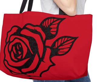 Red Rose Weekender Tote Bag, Large Floral Canvas Carryall, Travel Shoulder Bag, Shopping Beach Bag, Overnight Duffel, Gift for Her