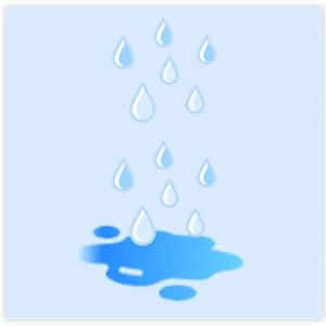 May include: A digital illustration of raindrops falling into a puddle. The raindrops are white with blue outlines, and the puddle is a darker shade of blue. The background is a light blue square.