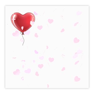 May include: A red heart-shaped balloon floats against a white background, with scattered pink heart shapes. The balloon has a glossy finish and is tied with a thin black string, creating a whimsical and romantic design.