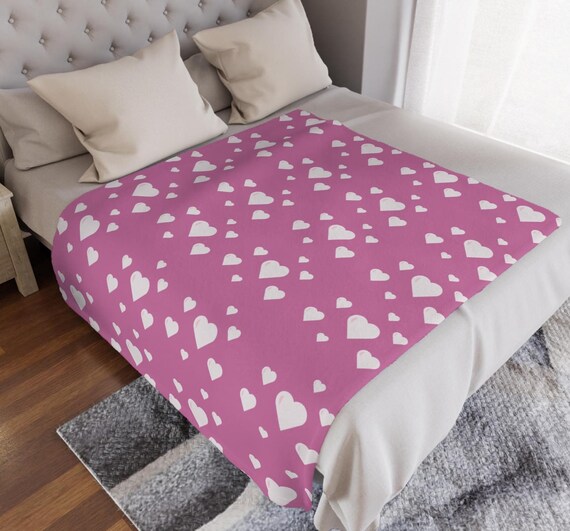 Cute White Hearts on Pink Microfiber Blanket, Heart Pattern Throw