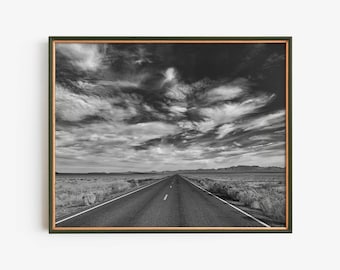 Black and White Desert Highway Print, Open Road Photography, Southwest Landscape Wall Art, Rustic Travel Home Decor