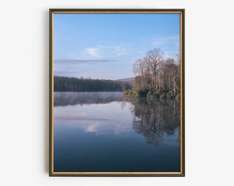Misty Lake Reflection Printable Wall Art, Morning Landscape Digital Download, Serene Nature Photography