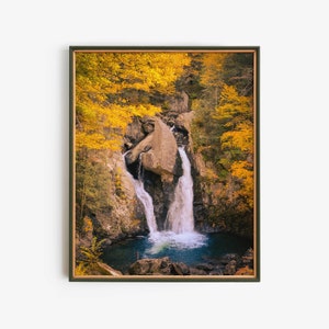 Puede incluir: Una cascada cae por un acantilado rocoso, rodeada de un follaje otoñal amarillo vibrante. El agua fluye hacia una piscina azul clara en la base de las cataratas.