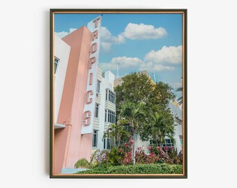 Vintage Tropics Neon Sign Print, Mid Century Hotel, Art Deco Wall Poster, Miami South Beach Pastel Vibes, Florida Palm Tree Photography