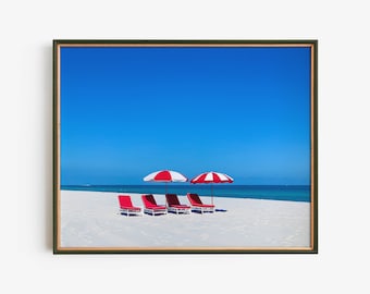Red Beach Umbrellas Printable Wall Art, Coastal Ocean Photography Digital Download, Minimalist Beach Decor, Retro Aesthetic Instant Download