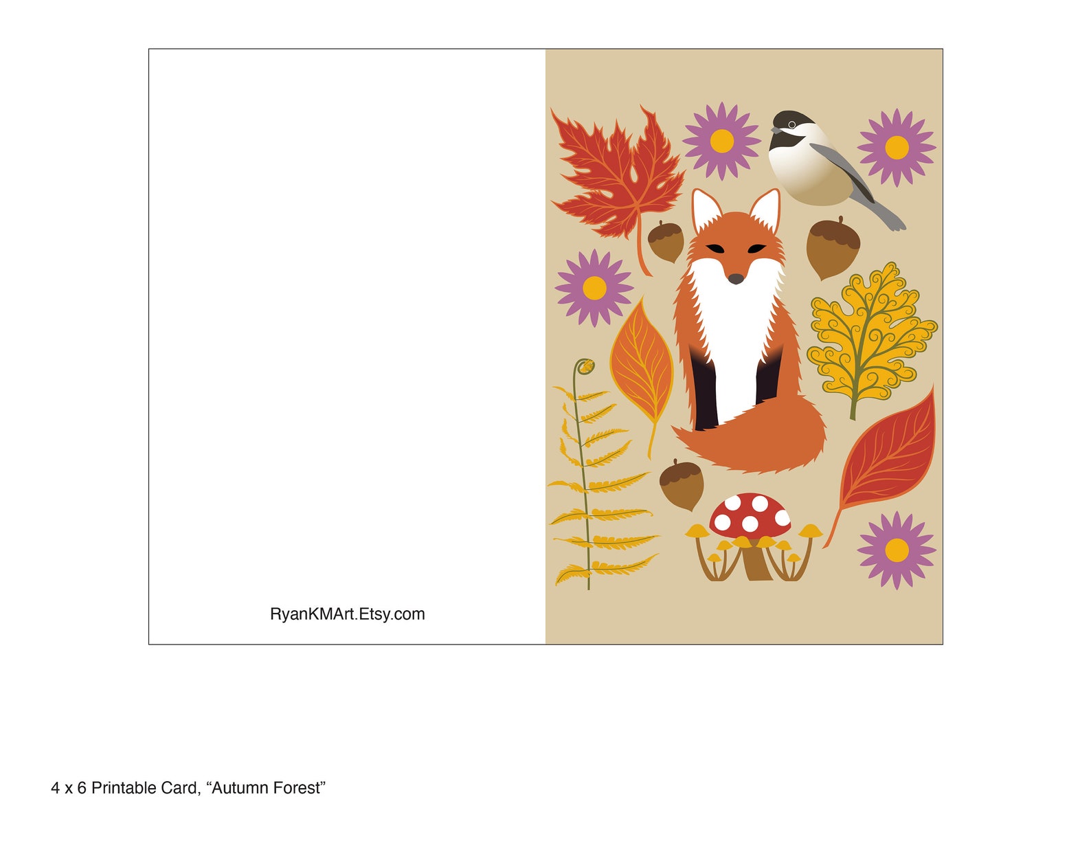 Cute Animal Printable Greeting Card Autumn Fox Instant Etsy