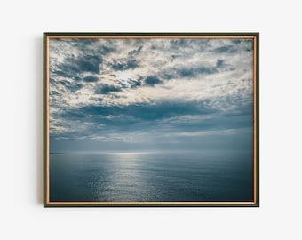 Moody Ocean Wall Art, Dramatic Coastal Sky Photography Print, Blue Gray Seascape Decor, Minimalist Ocean Horizon, Calm Modern Home Decor