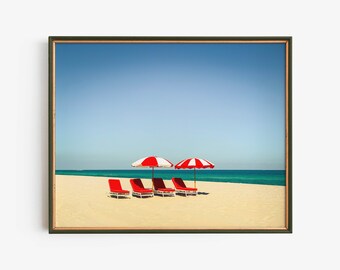 Red Beach Umbrella Printable Wall Art, Retro Coastal Photography Download, Mid Century Modern Ocean Print, Instant Digital Poster