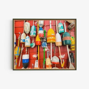 Printable Colorful Lobster Buoys on Red Wall, Digital Print Files, Coastal Nautical Wall Decor, Instant Download