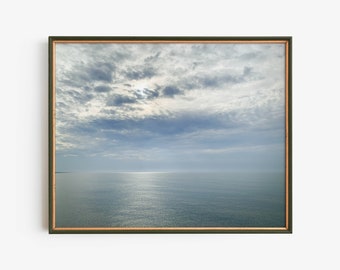 Calm Ocean Horizon Wall Art, Blue Seascape Photography Print, Minimalist Coastal Sky Decor, Serene Sea View Artwork, Peaceful Home Accent