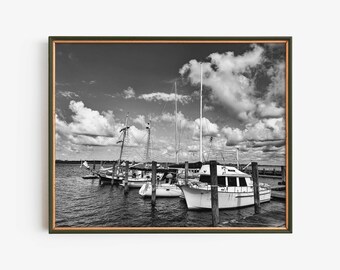 Black and White Sailboat Photography Download, Coastal Marina Wall Art Printable, Nautical Ocean Harbor Photo Poster, Minimalist Decor
