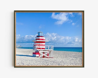 Miami Beach Lifeguard Tower Printable Wall Art, Red and White Coastal Photography, Florida Beach Digital Download, Ocean Travel Print