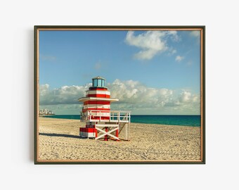 Miami Beach Lifeguard Stand Print, Tropical Coastal Wall Art, Red and White South Beach Photography, Florida Decor, Ocean Beach Artwork