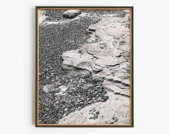 Black and White Shoreline Photography, Minimal Rock Texture Wall Art, Coastal Stone Print, Neutral Nature Decor, Abstract Beach Landscape