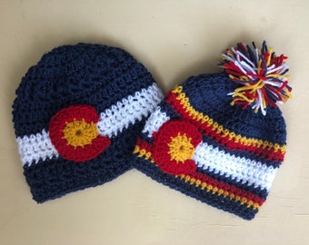 Colorado Flag hat beanie women blue white red gold banded