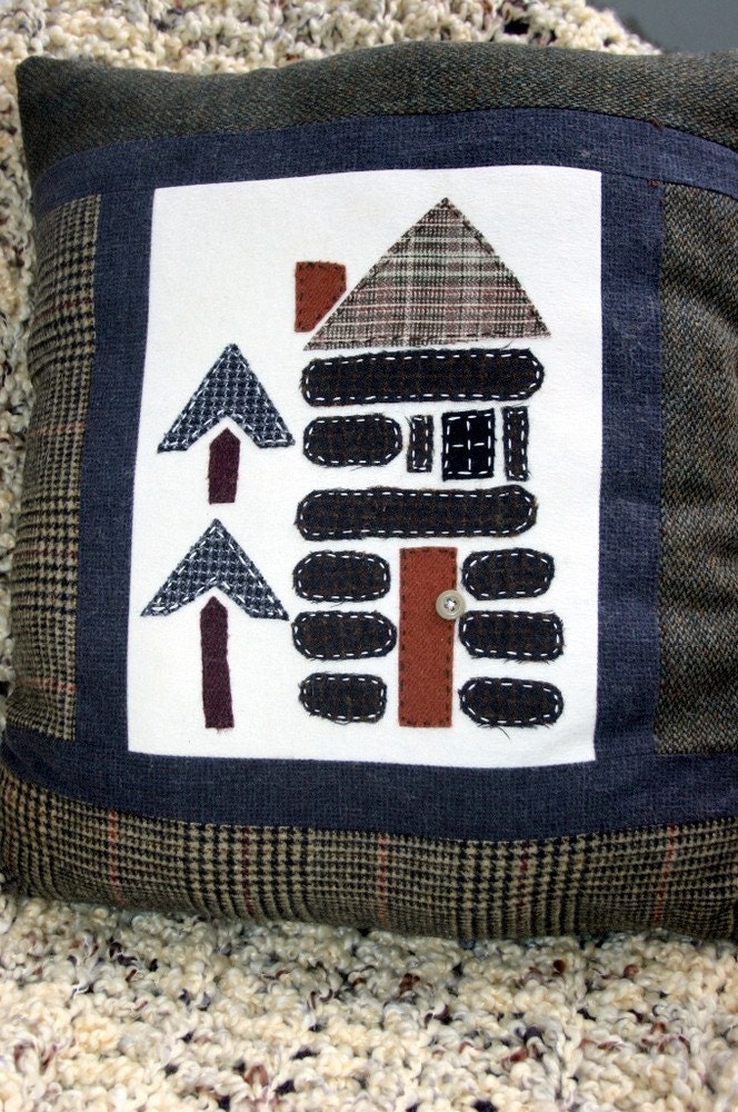 Log Cabin Pillow Wool Accent Lodge Decor Upcycled eco friendly Etsy