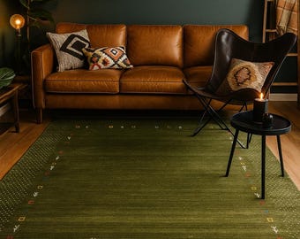 Handwoven Olive Green Wool Rug: Ethnic Boho Decor, Multiple Sizes