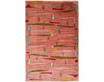 Zeki Müren Isparta Rug: Handwoven Wool, Pink Geometric Retro Carpet (4x6.9 ft) Vintage Collectible