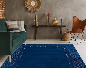 Handwoven Navy Blue Wool Rug: Ethnic Tribal Design, Rustic Modern Decor