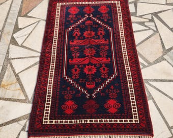 Handwoven Yagcibedir Rug: 3x4.7 ft, Navy & Red Turkish Wool Carpet