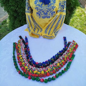 Blue Natural Wooden Necklace in scarf Ukrainian beads handmade by Carpathian craftsmen Wooden necklace from Ukraine Beads in a handkerchief