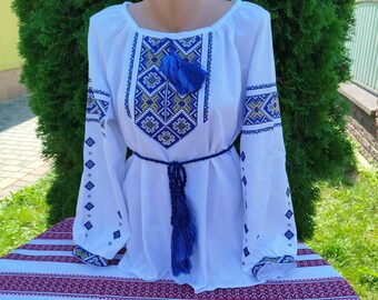 Embroidered blouse with blue-gold geometric ornament Ukrainian Embroidery from the Carpathians Vyshyvanka women's Blouse Ukraine