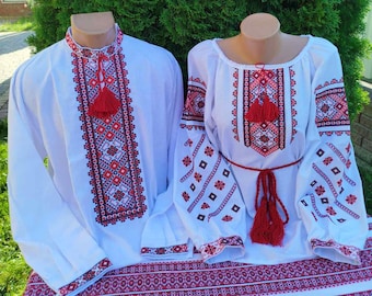 Camisa ucraniana bordada (par), Vyshyvanka con adorno geométrico rojo