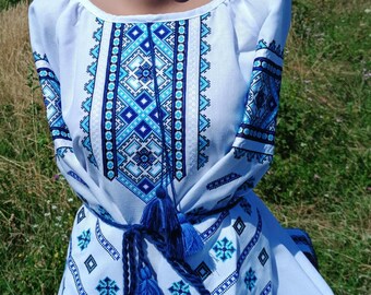 Embroidered blouse with blue geometric ornament Ukrainian Embroidery from the Carpathians Vyshyvanka women's Blouse Ukraine