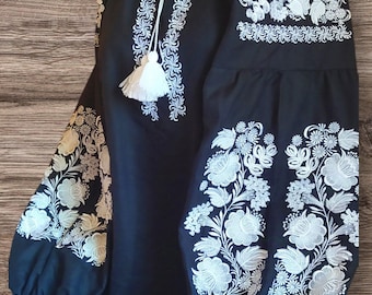 Black Linen Vyshyvanka Blouse, Blue Floral Ukrainian Embroidery