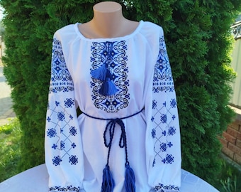 Blue Embroidered Vyshyvanka Blouse, Ukrainian Geometric Ornament