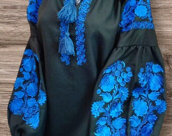 Boho Black Embroidered Blouse: Ukrainian Vyshyvanka with Blue Flowers