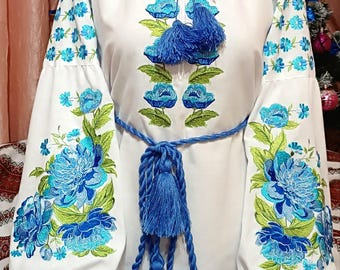 Embroidered Ukrainian Blouse: Blue Peony Floral Vyshyvanka