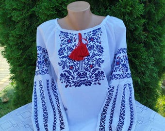 Embroidered blouse with blue floral ornament Ukrainian Embroidery from the Carpathians Vyshyvanka women's Blouse Ukraine