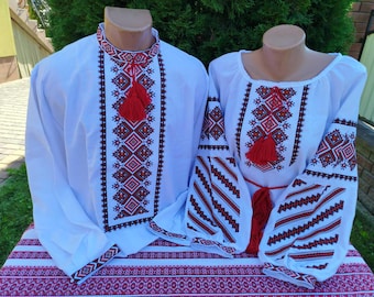 Camisas ucranianas bordadas (par), Vyshyvanka con adorno geométrico rojo