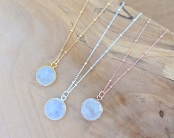 12mm Rainbow Moonstone Necklace, Rose Gold Moonstone Necklace, Silver Moonstone Necklace, Round Moonstone Pendant, Satellite Chain Necklace