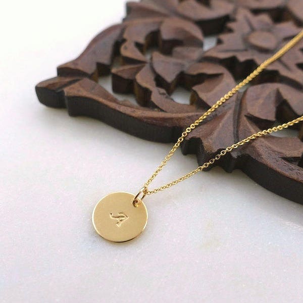 1/2" Disc Initial Necklace, 14K Yellow Gold Filled Initial Disc Necklace, Monogram Personalized Custom Hand Stamped Initial Disc Necklace