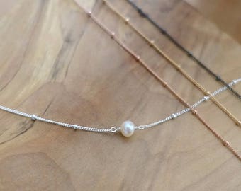 Pearl Necklace, White Pearl Necklace Pearl Choker 14K Rose Gold Filled Sterling Silver Oxidized Silver Satellite Chain Necklace Gift for Her