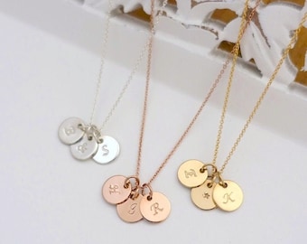 Three 3/8" Disc Initial Necklace, 14K Gold Filled Sterling Silver Personalized Initial Necklace, Hand Stamped Initial Disc Custom Necklace