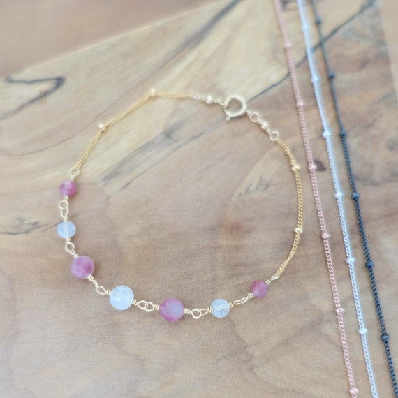 Gold Plated Sterling Silver Rainbow Moonstone Bead Anklet Gold Plated Sterling Silver Rainbow Moonstone Bead Anklet