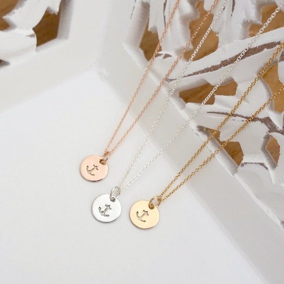 Anchor Necklace, 3/8" Anchor Charm Necklace, Sterling Silver Anchor Necklace, Rose Gold Filled Anchor Necklace, Gold Filled Disc Necklace
