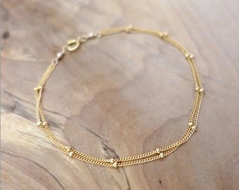 14K Gold Filled Double Satellite Chain Bracelet Anklet, 14K Gold Filled Saturn Chain Bracelet Anklet, Beaded Chain Bracelet Custom Length