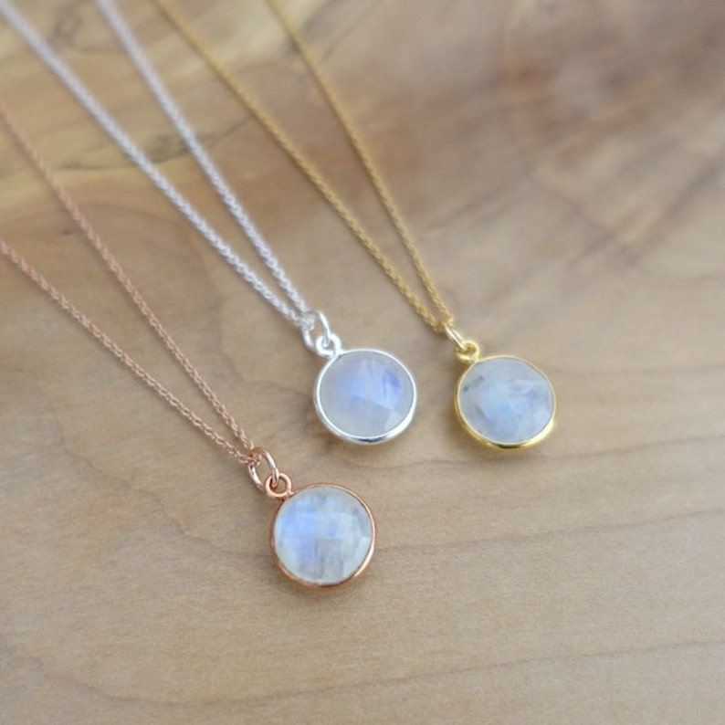 10mm Rainbow Moonstone Necklace, Moonstone Vermeil Bezel Charm, 14K Rose Gold Filled Sterling Silver 925 Chain Handmade Jewelry Gift for Her 