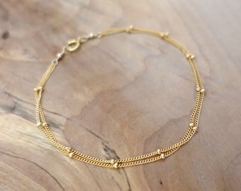 14K Gold Filled Double Satellite Chain Bracelet Anklet, 14K Gold Filled Saturn Chain Bracelet Anklet, Beaded Chain Bracelet Custom Length