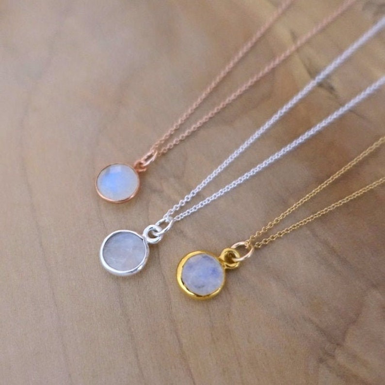 8mm Rainbow Moonstone Necklace, Sterling Silver Gold Vermeil Moonstone Bezel Charm, 14K Gold Filled Chain, Handmade Jewellery Gift for Her 