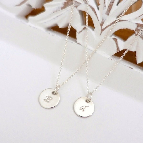 3/8" Disc Initial Necklace, Argentium Sterling Silver Initial Necklace, Personalized Monogram Necklace, Custom Hand Stamped Initial Necklace