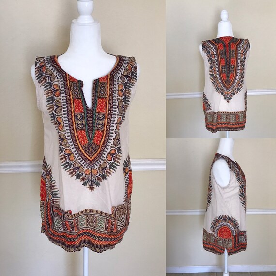 Vintage 70s cotton Bou Boudina Dashiki in cream and brown