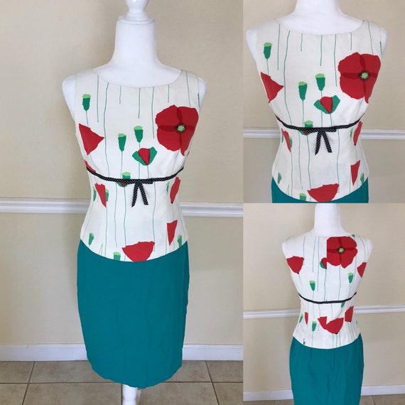 90s Retro Poppy Flower Top & Turquoise Skirt - image 1